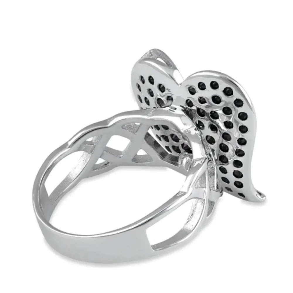 Sterling Silver CZ Black Heart Fine Ring – Elegant Contrast & Intricate Design